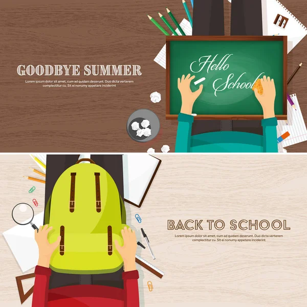 Volver a la escuela fondo plano. Educación y estudio en línea. Profesor, estudiante. 1 de septiembre . — Vector de stock