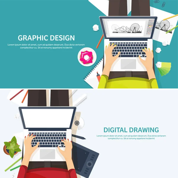 그래픽 웹 디자인입니다. 그림 그리고 그림입니다. 개발입니다. 그림, 스케치, 프리랜서입니다. 사용자 인터페이스입니다. Ui입니다. 컴퓨터, 노트북. — 스톡 벡터