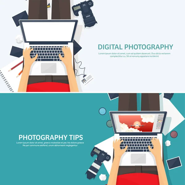 Fotoğrafçı ekipman üzerinde bir tablo. Fotoğraf araçları, fotoğraf düzenleme, beğenilen düz arka plan. Dijital photocamera lens ile. Vektör çizim.