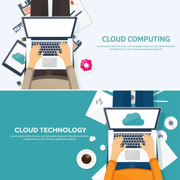 Ilustração vetorial. Local de trabalho, mesa com documentos, computador. Plano de fundo de computação em nuvem. Media, servidor de dados. Armazenamento na web.CD. Papel em branco. Tecnologias digitais. Ligação à Internet . —  Vetores de Stock