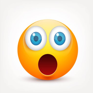 Gülen mavi gözlü, ifade kümesi. Sarı yüz duygularla. Yüz ifadesi. 3D gerçekçi emoji. Üzgün, mutlu, kızgın yüzler. Komik çizgi film karakteri. Mood.Vector illüstrasyon.