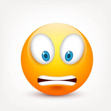 Gülen mavi gözlü, ifade kümesi. Sarı yüz duygularla. Yüz ifadesi. 3D gerçekçi emoji. Üzgün, mutlu, kızgın yüzler. Komik çizgi film karakteri. Mood.Vector illüstrasyon.