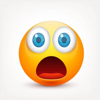 Gülen mavi gözlü, ifade kümesi. Sarı yüz duygularla. Yüz ifadesi. 3D gerçekçi emoji. Üzgün, mutlu, kızgın yüzler. Komik çizgi film karakteri. Mood.Vector illüstrasyon.