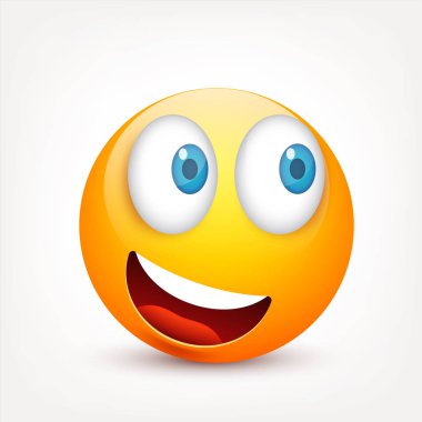 Gülen mavi gözlü, ifade kümesi. Sarı yüz duygularla. Yüz ifadesi. 3D gerçekçi emoji. Üzgün, mutlu, kızgın yüzler. Komik çizgi film karakteri. Mood.Vector illüstrasyon.