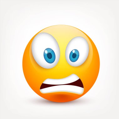 Gülen mavi gözlü, ifade kümesi. Sarı yüz duygularla. Yüz ifadesi. 3D gerçekçi emoji. Üzgün, mutlu, kızgın yüzler. Komik çizgi film karakteri. Mood.Vector illüstrasyon.