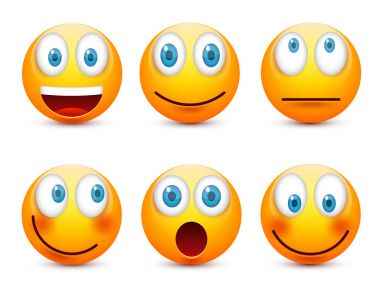 Gülen mavi gözlü, ifade kümesi. Sarı yüz duygularla. Yüz ifadesi. 3D gerçekçi emoji. Üzgün, mutlu, kızgın yüzler. Komik çizgi film karakteri. Mood.Vector illüstrasyon.