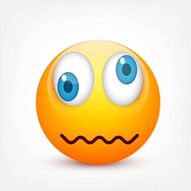 Mavi gözlü, gülen surat. Sarı yüz duygularla. Yüz ifadesi. 3D gerçekçi emoji. Üzgün, mutlu, kızgın yüzler. Komik çizgi film karakteri. Mood.Vector illüstrasyon.