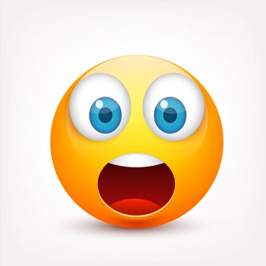 Mavi gözlü, gülen surat. Sarı yüz duygularla. Yüz ifadesi. 3D gerçekçi emoji. Üzgün, mutlu, kızgın yüzler. Komik çizgi film karakteri. Mood.Vector illüstrasyon.