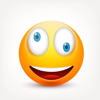 Mavi gözlü, gülen surat. Sarı yüz duygularla. Yüz ifadesi. 3D gerçekçi emoji. Üzgün, mutlu, kızgın yüzler. Komik çizgi film karakteri. Mood.Vector illüstrasyon.