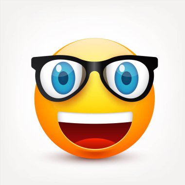 Mavi gözlü, gülen surat. Sarı yüz duygularla. Yüz ifadesi. 3D gerçekçi emoji. Üzgün, mutlu, kızgın yüzler. Komik çizgi film karakteri. Mood.Vector illüstrasyon.