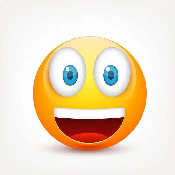 Sorridente con gli occhi azzurri, emoticon impostato. Faccia gialla con emozioni. Espressione facciale. 3D emoji realistico. Triste, felice, arrabbiato faces.Funny personaggio dei fumetti.Mood.Vector illustrazione . — Vettoriale Stock