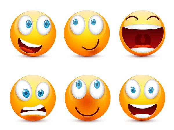 Smiley aux yeux bleus, ensemble émoticône. Visage jaune avec des émotions. Expression faciale. emoji réaliste 3d. Triste, heureux, visages en colère.Drôle de personnage de caricature.Mood.Vector illustration . — Image vectorielle