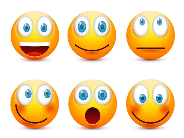 Gezichtje met blauwe ogen, emoticon set. Geel gezicht met emoties. Gelaatsuitdrukking. 3D-realistische emoji. Boos, verdrietig, gelukkig gezichten. Grappige cartoon karakter. Mood.Vector afbeelding. — Stockvector