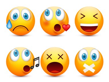 Gülen mavi gözlü, ifade kümesi. Sarı yüz duygularla. Yüz ifadesi. 3D gerçekçi emoji. Üzgün, mutlu, kızgın yüzler. Komik çizgi film karakteri. Mood.Vector illüstrasyon.