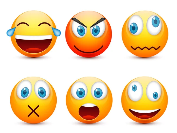 Gülen mavi gözlü, ifade kümesi. Sarı yüz duygularla. Yüz ifadesi. 3D gerçekçi emoji. Üzgün, mutlu, kızgın yüzler. Komik çizgi film karakteri. Mood.Vector illüstrasyon. — Stok Vektör