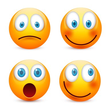 Gülen mavi gözlü, ifade kümesi. Sarı yüz duygularla. Yüz ifadesi. 3D gerçekçi emoji. Üzgün, mutlu, kızgın yüzler. Komik çizgi film karakteri. Mood.Vector illüstrasyon.
