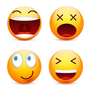 Gülen mavi gözlü, ifade kümesi. Sarı yüz duygularla. Yüz ifadesi. 3D gerçekçi emoji. Üzgün, mutlu, kızgın yüzler. Komik çizgi film karakteri. Mood.Vector illüstrasyon.