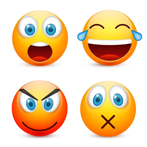 Gülen mavi gözlü, ifade kümesi. Sarı yüz duygularla. Yüz ifadesi. 3D gerçekçi emoji. Üzgün, mutlu, kızgın yüzler. Komik çizgi film karakteri. Mood.Vector illüstrasyon. — Stok Vektör