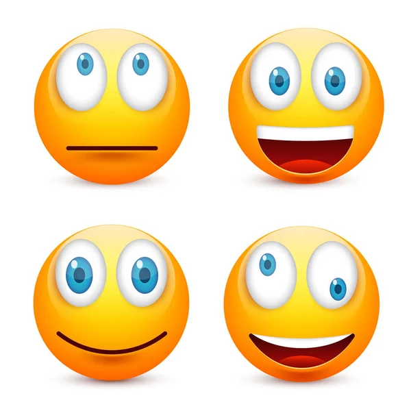 Senyum dengan mata biru, emoticon set. Wajah kuning dengan emosi. Ekspresi wajah. Emoji realistis 3d. Wajah sedih, bahagia, marah. Kartun lucu bercirikan ilustrasi Mood.Vector . - Stok Vektor