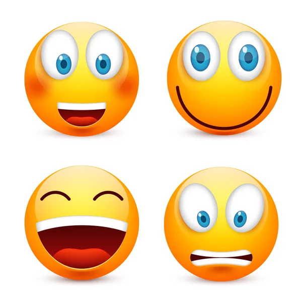 Sorriso com olhos azuis, conjunto de emoticons. Cara amarela com emoções. Expressão facial. 3d emoji realista. Caras tristes, felizes, irritadas.Caráter engraçado dos desenhos animados.Humor ilustração vetorial . — Vetor de Stock