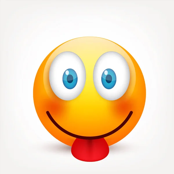 Sorridente con gli occhi azzurri, emoticon. Faccia gialla con emozioni. Espressione facciale. 3D emoji realistico. Triste, felice, arrabbiato faces.Funny personaggio dei fumetti.Mood.Vector illustrazione . — Vettoriale Stock