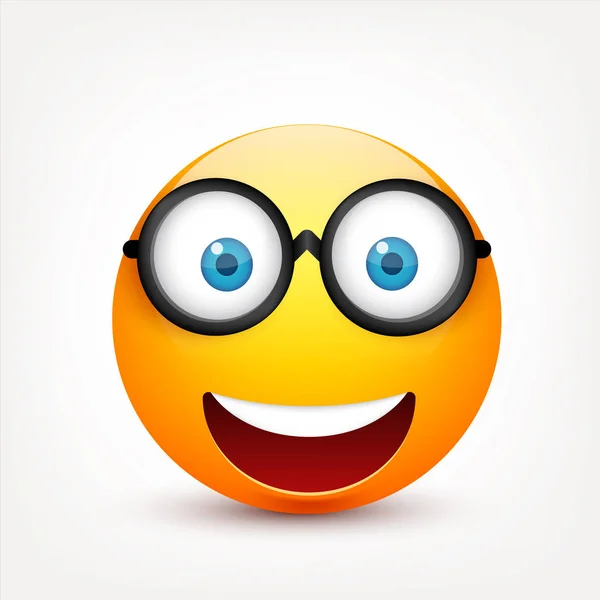 Smiley med blå ögon, uttryckssymbol. Gula ansikte med känslor. Ansiktsuttryck. 3D realistiska emoji. Ledsen, glad, arga ansikten. Rolig tecknad karaktär. Mood.Vector illustration. — Stock vektor