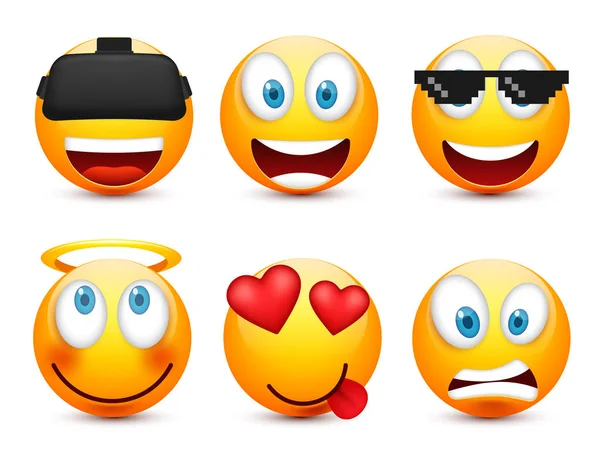 Smiley z niebieskimi oczami, zestaw emotikon. Żółta twarz z emocjami. Wyraz twarzy. 3D realistyczne emoji. Smutny, zadowolony, zły twarze. Zabawnych kreskówek. Mood.Vector ilustracji. — Wektor stockowy