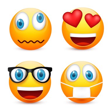 Gülen mavi gözlü, ifade kümesi. Sarı yüz duygularla. Yüz ifadesi. 3D gerçekçi emoji. Üzgün, mutlu, kızgın yüzler. Komik çizgi film karakteri. Mood.Vector illüstrasyon.
