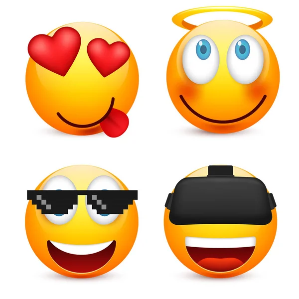 Gülen mavi gözlü, ifade kümesi. Sarı yüz duygularla. Yüz ifadesi. 3D gerçekçi emoji. Üzgün, mutlu, kızgın yüzler. Komik çizgi film karakteri. Mood.Vector illüstrasyon. — Stok Vektör