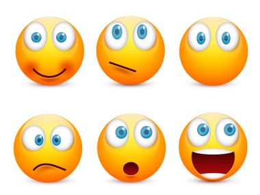 Gülen mavi gözlü, ifade kümesi. Sarı yüz duygularla. Yüz ifadesi. 3D gerçekçi emoji. Üzgün, mutlu, kızgın yüzler. Komik çizgi film karakteri. Mood.Vector illüstrasyon.