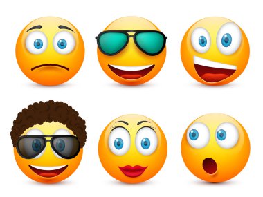 Gülen mavi gözlü, ifade kümesi. Sarı yüz duygularla. Yüz ifadesi. 3D gerçekçi emoji. Üzgün, mutlu, kızgın yüzler. Komik çizgi film karakteri. Mood.Vector illüstrasyon.