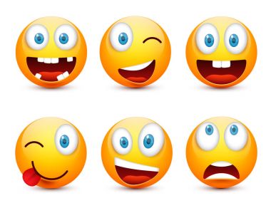 Gülen mavi gözlü, ifade kümesi. Sarı yüz duygularla. Yüz ifadesi. 3D gerçekçi emoji. Üzgün, mutlu, kızgın yüzler. Komik çizgi film karakteri. Mood.Vector illüstrasyon.
