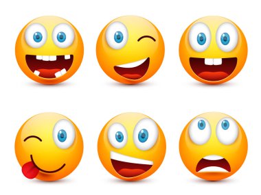 Gülen mavi gözlü, ifade kümesi. Sarı yüz duygularla. Yüz ifadesi. 3D gerçekçi emoji. Üzgün, mutlu, kızgın yüzler. Komik çizgi film karakteri. Mood.Vector illüstrasyon.