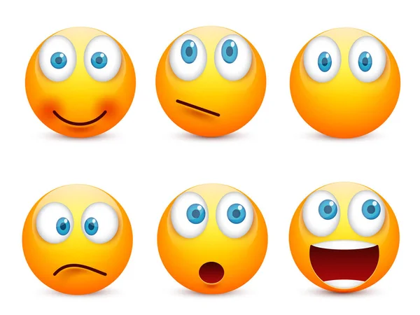 Smiley med blå ögon, uttryckssymbol set. Gula ansikte med känslor. Ansiktsuttryck. 3D realistiska emoji. Ledsen, glad, arga ansikten. Rolig tecknad karaktär. Mood.Vector illustration. — Stock vektor