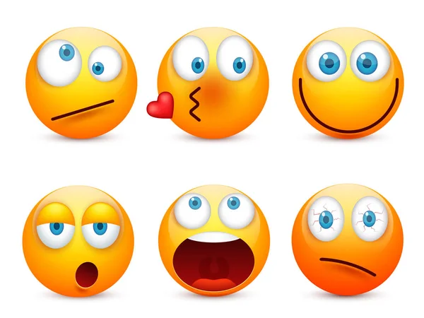 Gezichtje met blauwe ogen, emoticon set. Geel gezicht met emoties. Gelaatsuitdrukking. 3D-realistische emoji. Boos, verdrietig, gelukkig gezichten. Grappige cartoon karakter. Mood.Vector afbeelding. — Stockvector