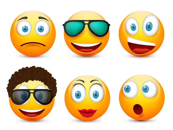 Gülen mavi gözlü, ifade kümesi. Sarı yüz duygularla. Yüz ifadesi. 3D gerçekçi emoji. Üzgün, mutlu, kızgın yüzler. Komik çizgi film karakteri. Mood.Vector illüstrasyon.