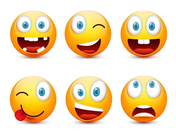 Sonriente con ojos azules, emoticones. Cara amarilla con emociones. Expresión facial. emoji realista 3d. Caras tristes, felices, enojadas.Personaje de dibujos animados divertidos.Mood.Vector ilustración . — Vector de stock