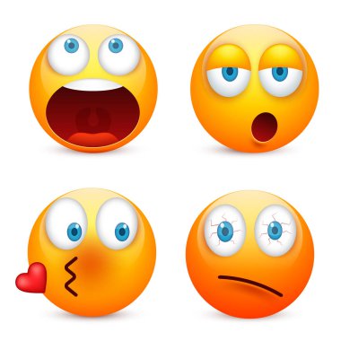 Gülen mavi gözlü, ifade kümesi. Sarı yüz duygularla. Yüz ifadesi. 3D gerçekçi emoji. Üzgün, mutlu, kızgın yüzler. Komik çizgi film karakteri. Mood.Vector illüstrasyon.
