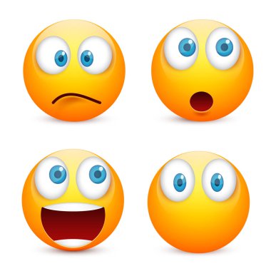Gülen mavi gözlü, ifade kümesi. Sarı yüz duygularla. Yüz ifadesi. 3D gerçekçi emoji. Üzgün, mutlu, kızgın yüzler. Komik çizgi film karakteri. Mood.Vector illüstrasyon.