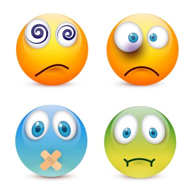 Gülen mavi gözlü, ifade kümesi. Sarı yüz duygularla. Yüz ifadesi. 3D gerçekçi emoji. Üzgün, mutlu, kızgın yüzler. Komik çizgi film karakteri. Mood.Vector illüstrasyon.