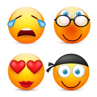 Gülen mavi gözlü, ifade kümesi. Sarı yüz duygularla. Yüz ifadesi. 3D gerçekçi emoji. Üzgün, mutlu, kızgın yüzler. Komik çizgi film karakteri. Mood.Vector illüstrasyon.