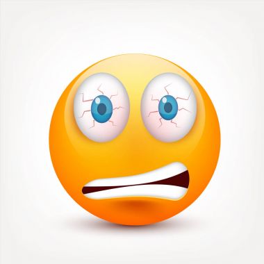 Gülen mavi gözlü, ifade kümesi. Sarı yüz duygularla. Yüz ifadesi. 3D gerçekçi emoji. Üzgün, mutlu, kızgın yüzler. Komik çizgi film karakteri. Mood.Vector illüstrasyon.