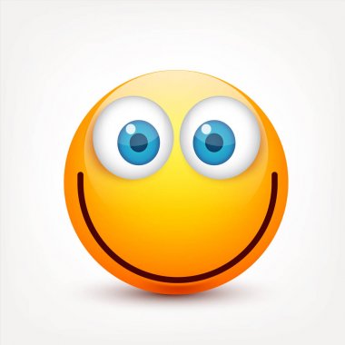 Gülen mavi gözlü, ifade kümesi. Sarı yüz duygularla. Yüz ifadesi. 3D gerçekçi emoji. Üzgün, mutlu, kızgın yüzler. Komik çizgi film karakteri. Mood.Vector illüstrasyon.