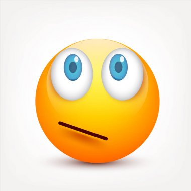 Gülen mavi gözlü, ifade kümesi. Sarı yüz duygularla. Yüz ifadesi. 3D gerçekçi emoji. Üzgün, mutlu, kızgın yüzler. Komik çizgi film karakteri. Mood.Vector illüstrasyon.