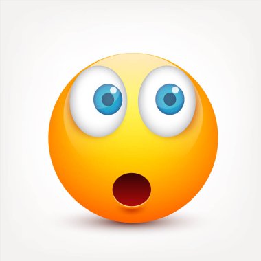 Gülen mavi gözlü, ifade kümesi. Sarı yüz duygularla. Yüz ifadesi. 3D gerçekçi emoji. Üzgün, mutlu, kızgın yüzler. Komik çizgi film karakteri. Mood.Vector illüstrasyon.