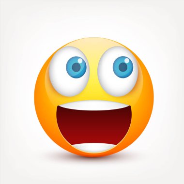 Gülen mavi gözlü, ifade kümesi. Sarı yüz duygularla. Yüz ifadesi. 3D gerçekçi emoji. Üzgün, mutlu, kızgın yüzler. Komik çizgi film karakteri. Mood.Vector illüstrasyon.