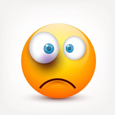 Gülen mavi gözlü, ifade kümesi. Sarı yüz duygularla. Yüz ifadesi. 3D gerçekçi emoji. Üzgün, mutlu, kızgın yüzler. Komik çizgi film karakteri. Mood.Vector illüstrasyon.