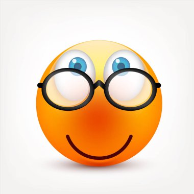 Gülen mavi gözlü, ifade kümesi. Sarı yüz duygularla. Yüz ifadesi. 3D gerçekçi emoji. Üzgün, mutlu, kızgın yüzler. Komik çizgi film karakteri. Mood.Vector illüstrasyon.