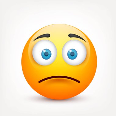 Gülen mavi gözlü, ifade kümesi. Sarı yüz duygularla. Yüz ifadesi. 3D gerçekçi emoji. Üzgün, mutlu, kızgın yüzler. Komik çizgi film karakteri. Mood.Vector illüstrasyon.