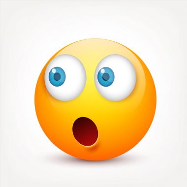 Gülen mavi gözlü, ifade kümesi. Sarı yüz duygularla. Yüz ifadesi. 3D gerçekçi emoji. Üzgün, mutlu, kızgın yüzler. Komik çizgi film karakteri. Mood.Vector illüstrasyon.
